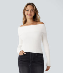 Folded Off Shoulder Long Sleeve Casual Sweater