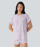 Round Neck Short Sleeve Leopard Print Lounge Top