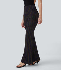 High Waisted Side Zipper Pocket Sparkle Casual Flare Pants