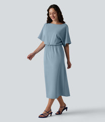Wrinkle-Resistant Boat Neck Short Sleeve Midi Work Dress