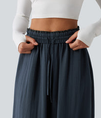 High Waisted Inner Drawstring Flowy Wide Leg Casual Linen-Feel Pants with Pockets