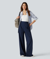 High Waisted Decorative Button Stripes Work Wide Leg Pants with Pockets