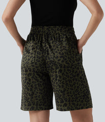 High Waisted Leopard Print Casual Bermuda Shorts with Pockets