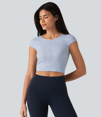Ribbed Knit Round Neck Short Sleeve Cropped Yoga Sports Top