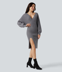 V-neck Batwing Long Sleeve Split Bodycon Midi Work Sweater Dress