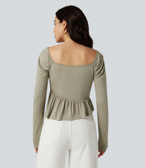 Square Neck Long Sleeve Ruffle Hem Casual T-Shirt