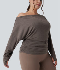 Plus Size One Shoulder Long Sleeve Thumb Hole Ruched Yoga Sports Top