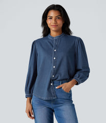 Halara Flex™ Stand Collar Puff 3/4 Sleeve Denim Casual Shirt