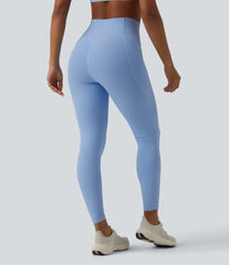 Ribbed Knit High Waisted Drawstring Tummy Control Quick Dry Workout Leggings with Pockets-UPF50+