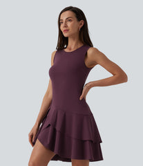 SoftlyZero™ Airy Round Neck Sleeveless Layered Ruffle Hem InstantCool Mini Casual Dress