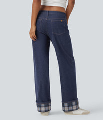 Halara Flex™ Low Rise Contrast Plaid Rolled Hem Wide Leg Casual Jeans with Pockets