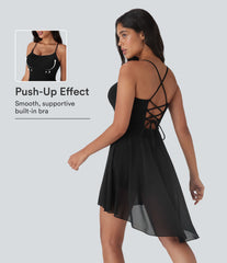 Lace Up 2-in-1 High Low Contrast Mesh Flowy Low Support Mini Dance Active Dress with Pocket DD-F Cups