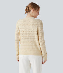 Round Neck Long Sleeve Button Fly Hollow Out Work Cardigan with Pockets