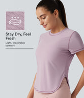 Round Neck Short Sleeve Curved Hem Breathable Mesh Yoga Sports Top