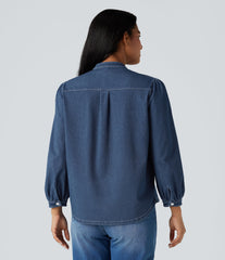 Halara Flex™ Stand Collar Puff 3/4 Sleeve Denim Casual Shirt