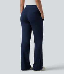 Mid Rise Stripe Work Flare Pants with Pockets