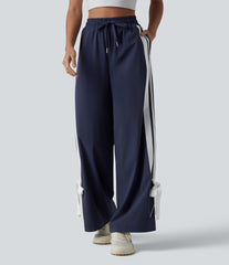 High Waisted Drawstring Color Block Stripes Bow Quick Dry InstantCool Running Wide Leg Pants with Pockets-UPF40+