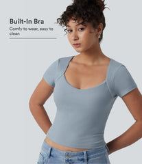 Ribbed Knit Queen Anne Neck Built-in Bra Short Sleeve Casual T-Shirt