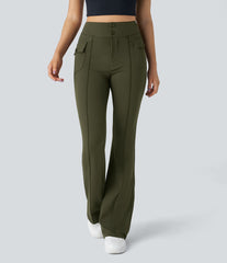 High Waisted Side Flap Pocket Flare Casual Cargo Pants