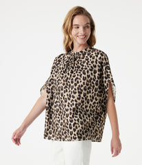 Mock Neck Tie Back Batwing Short Sleeve Ruched Leopard Print Work Blouse