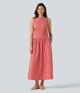 Boat Neck Sleeveless Gingham Midi Casual Dress with Pockets