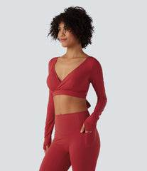 Deep V-neck Long Sleeve Thumb Holes Tie Back Cropped Casual Sports Top
