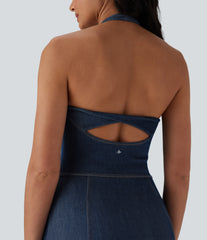 Halara Flex™ Halter Bodycon 2-Piece InstantCool Washed Denim Mini Tennis Active Dress with Pockets
