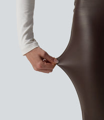 High Waisted Tummy Control Stretchy PU Fleece Flare Casual Pants with Pockets