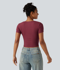 Ribbed Knit Round Neck Cut Out Short Sleeve Ruched Casual T-Shirt