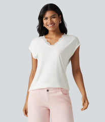Lace V Neck Short Sleeve Casual T-Shirt