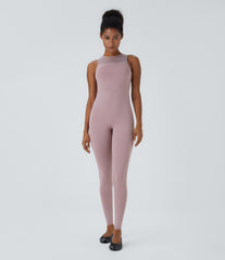 Round Neck Sleeveless Contrast Mesh Dance Jumpsuit