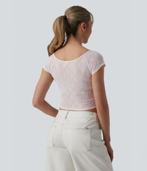 Sweetheart Neck Short Sleeve Lace Cropped Casual T-Shirt