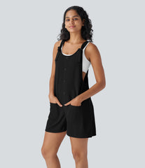 Knot Strap Decorative Pockets Waffle Short Overalls