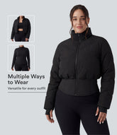 PuffFlex Plus Size 3-in-1 Stand Collar Casual Cropped Puffer Coat & Thumb Holes Curved Hem Jacket with Pockets