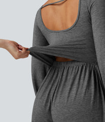 Scoop Neck Backless Long Sleeve Heathered Casual Wide Leg Jumpsuit with Pockets-Easy Peezy