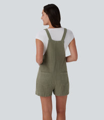 Ribbed Knit Pockets Casual Short Overalls