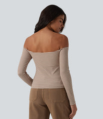 Ribbed Knit Off Shoulder Long Sleeve Stripe Built-in Bra Casual Top