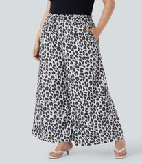 Plus Size High Waisted Drawstring Leopard Print Wide Leg Casual Pants with Pockets
