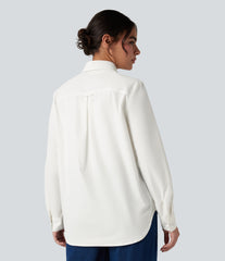 Collar Long Sleeve Curved Hem Work Shirt with Chest Pocket