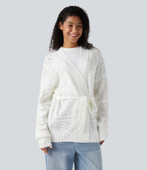Open Front Long Sleeve Belted Sweater Knit Casual Cardigan
