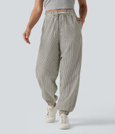 Lettuce Trim High Waisted Drawstring Stripes Casual Joggers with Pockets