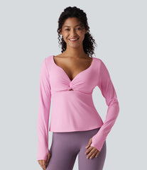 SoftlyZero™ Airy Push-Up Twisted Long Sleeve Thumb Holes Split Hem Yoga Sports Top DD-F Cups