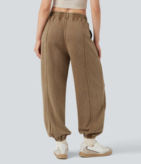 Mid Rise Washed French Terry Casual Cotton Joggers with Pockets