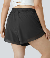 Drawstring Contrast Mesh 2-in-1 Plus Size Shorts 4"