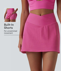 Crossover High Waisted 2-in-1 Mini A-line Stripes Quick Dry Tennis Skirt with Pockets-UPF40+