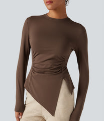 Long Sleeve Ruched Split Hem Casual T-Shirt