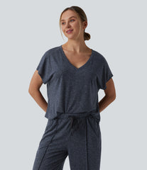 V Neck Short Sleeve Casual Linen-Blend T-Shirt