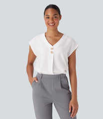 V Neck Cap Sleeve Decorative Work Blouse