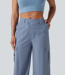 Asymmetric Mid Rise Wide Leg Casual Cargo Pants with Pockets