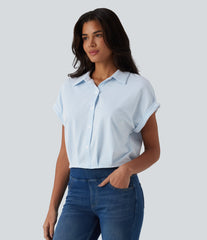 Collar Batwing Sleeve Stripes Crinkle Cotton Casual Shirt